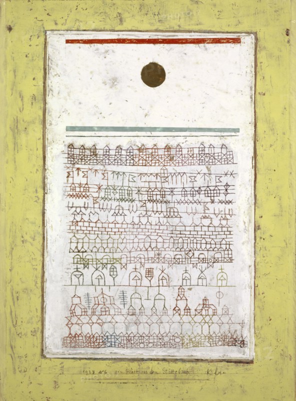 A sheet from the city book, 1928, 46 (N 6), oil paint on paper on cardboard on second box nailed on stretcher, original frame rails, 42.5 x 31.5 cm, signed on the second box bottom right: clover, inscribed on the second box bottom center: 1928 N 6 a sheet from the city book, Paul Klee, Münchenbuchsee/Bern 1879–1940 Muralto b. Locarno/Tessin