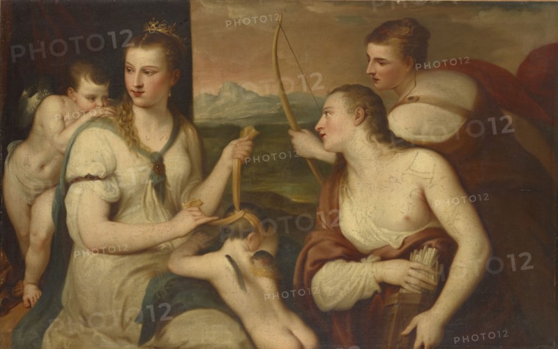 Venus connects Amor's eyes, oil on canvas, 110.5 x 177 cm, Unmarked, Tizian (Vecellio, Tiziano), (Kopie nach / copy after), Pieve di Cadore um 1485/90 (?) –1576 Venedig
