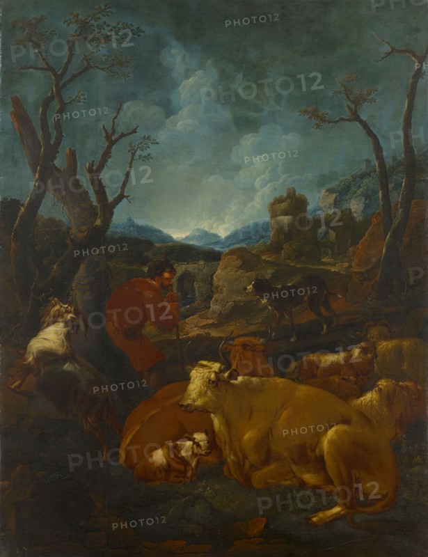 Herdsman and herd in rocky valley, 1706, oil on canvas, 180.5 x 138.5 cm, signed and dated under the goat left: JMRoos., [JMR ligated], fecit., I706, Johann Melchior Roos, Heidelberg 1663–1731 Braunschweig?