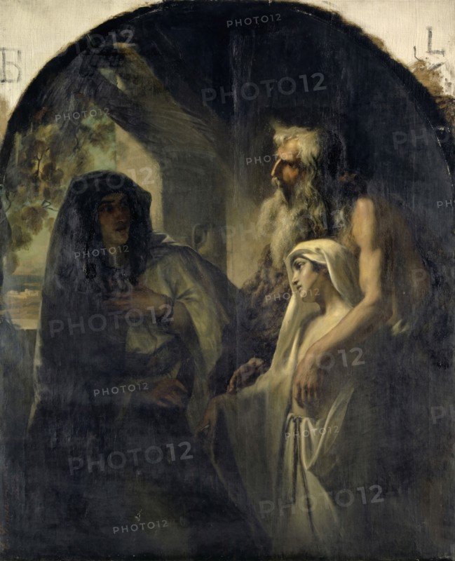 The Prophet Elias leads the widow of Zarpath to her Son, who has been raised from the dead (1 Kings 17,10-24), 1852, oil on canvas, 185.5 x 151 cm, signed and dated lower left: E. Stickelberger p., 1852., Ernst Stückelberg, Basel 1831–1903 Basel