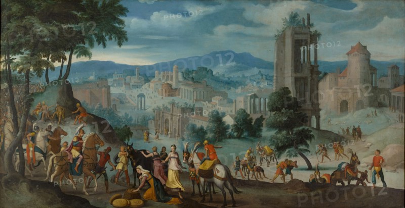 The encounter of David and Abigail, 1557, oil on canvas, 104 x 202 cm, monogrammed and dated on the small rocky outcropping to the right of the Shadow Zone: L • XX [= two full v] • N., • 1557 •, Lambert van Noort, Amersfoort um 1520–1570/71 Antwerpen