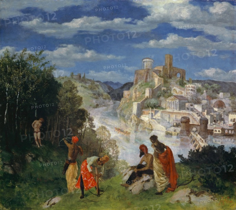 Landscape with the martyrdom of St., Sebastian, 1894, tempera on cardboard, on canvas, 48.5 x 54.5 cm, monogrammed and dated lower right: AW 1894, Albert Welti, Zürich 1862–1912 Bern