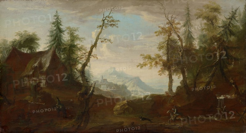 Farmhouse at a clearing with horsemen, c. 1765/68, oil on canvas, 63.8 x 117 cm, unsigned, Caspar Wolf, Muri/Aargau 1735–1783 Heidelberg