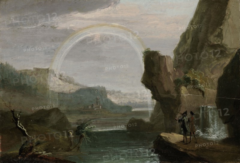 River Landscape with Rainbow and Two Cavaliers, c. 1760/68, Oil on Walnut, 16.4 x 24.2 cm, Unsigned, Caspar Wolf, Muri/Aargau 1735–1783 Heidelberg