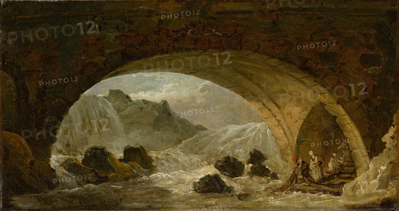 Fisherman Under a Bridge, c. 1780-1790, oil on canvas, 23.5 x 43 cm, unmarked, Hubert Robert, Paris 1733–1808 Paris