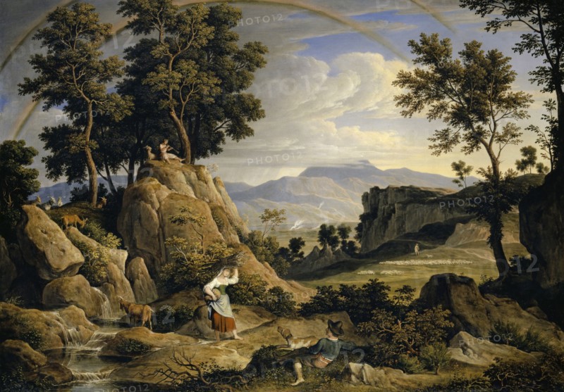 Landscape near Olevano with rainbow, 1823/1824, oil on canvas, 58.7 x 82.3 cm, monogrammed lower right: I. K., Joseph Anton Koch, Obergiblen bei Elbigenalp (Lechtal) 1768–1839 Rom