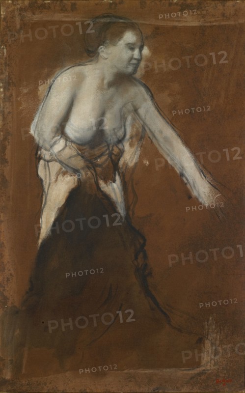 Jeune fille à demi dévetue (Jeune femme à sa toilette), 1866/1868, oil on dyed paper on canvas, 47 x 29.9 cm, Edgar Degas, Paris 1834–1917 Paris