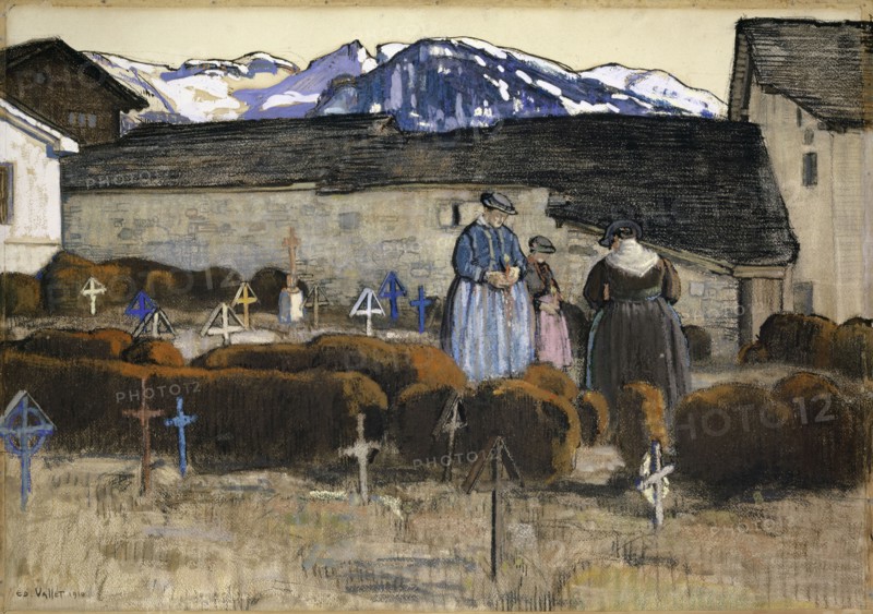Cimetière valaisan, 1910, tempera, pastel crayon and charcoal on paper, on board, 53 x 76.5 cm, signed and dated lower left: ED., VALLET 1910, Edouard Vallet, Genf 1876–1929 Cressy b. Genf
