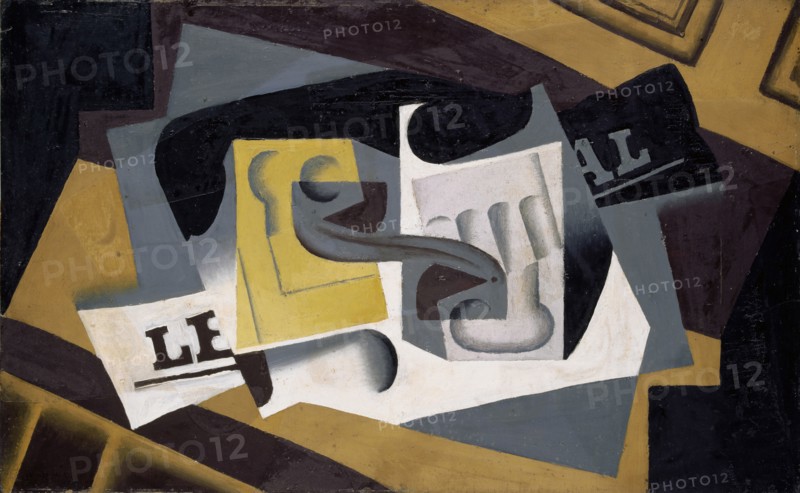 Verre et journal, 1917 (August), oil on plywood, 37.9 x 60.9 cm, signed, inscribed and dated lower left: Juan Gris, Paris 8-1917, Juan Gris, Madrid 1887–1927 Boulogne-sur-Seine/Hauts-de-Seine