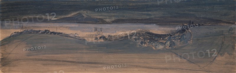 View from the battery on Basel, 1940, tempera and oil over ink (pen) on paper, on pavatex, 28.5 x 90 cm, not marked, Walter Kurt Wiemken, Basel 1907–1941 bei Castel San Pietro/Tessin