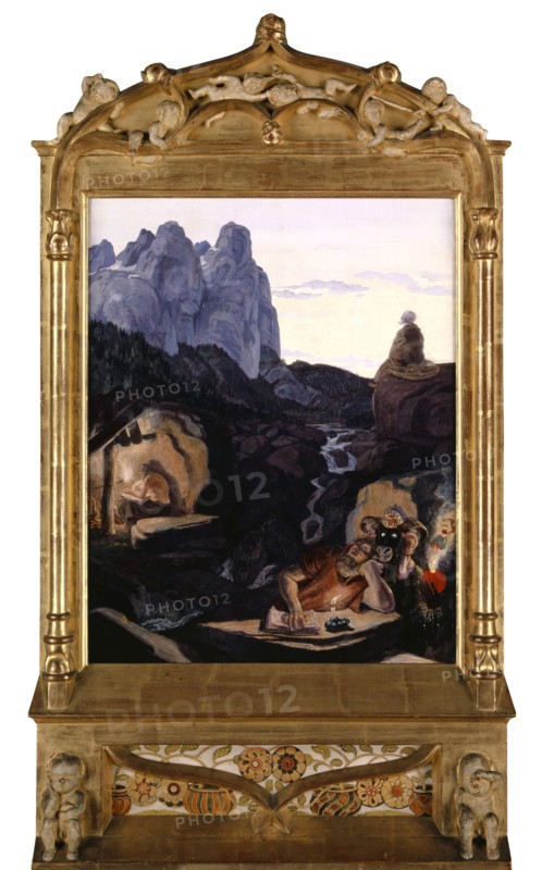 The Three Hermits, 1907-1908, oil on lime wood, 57 x 45.5 cm, signed and dated lower left: Albert Welti, 1907-1908, Albert Welti, Zürich 1862–1912 Bern