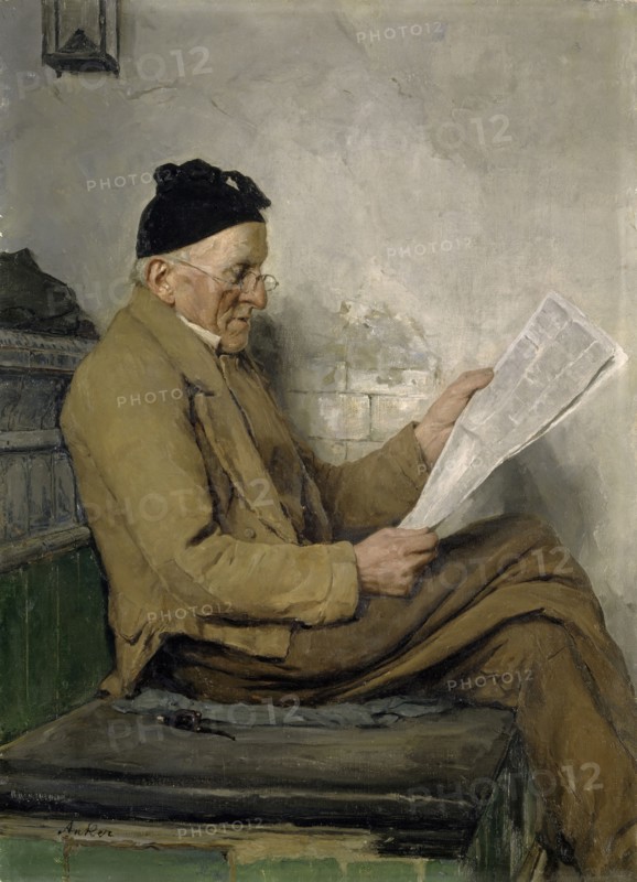 Reading Farmer on the Oven Step, oil on canvas, 60.8 x 44.4 cm, signed lower left: Anchor, Albert Anker, Ins/Bern 1831–1910 Ins/Bern