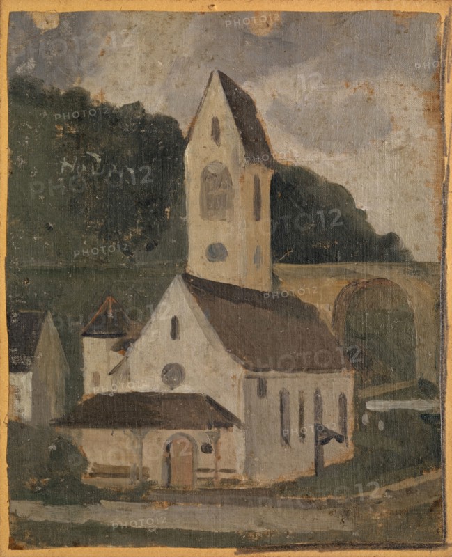 The church of Rümlingen, 1875, oil on canvas on cardboard, 18 x 14.5 cm, signed on the left, above the center: Hodler., Ferdinand Hodler, Bern 1853–1918 Genf