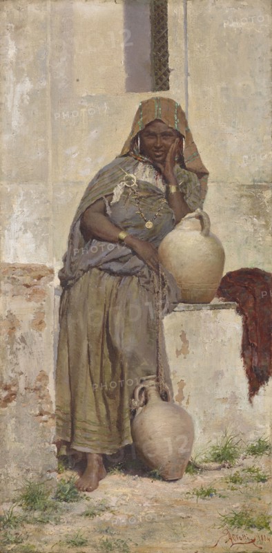 Arab woman at the fountain, 1884, oil on canvas, 41 x 20.5 cm, signed and dated lower right: EALovatti [ligated] 1884, E. Augusto Lovatti, Rom 1816– ? ?