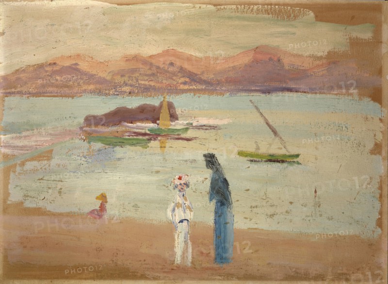 Sailor boy, small boats and inlet, oil on cardboard, 32.5 x 44.5 cm, Ernst Schiess, Basel 1872–1919 Valencia