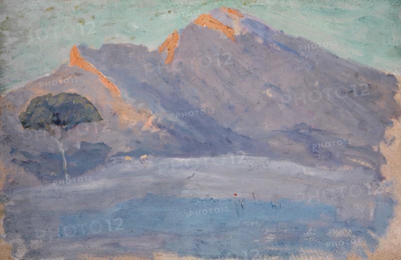 Bald mountain range in Abenschein, oil on cardboard, 26.5 x 41 cm, Ernst Schiess, Basel 1872–1919 Valencia