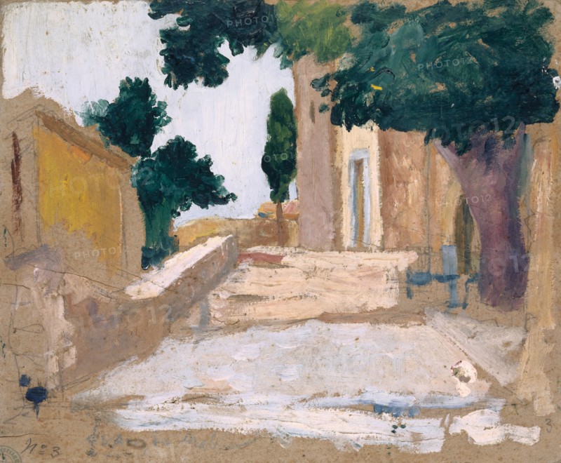 Southern Village Square, oil on board, 22 x 27 cm, not marked, Französischer Maler, 19./20. Jh.