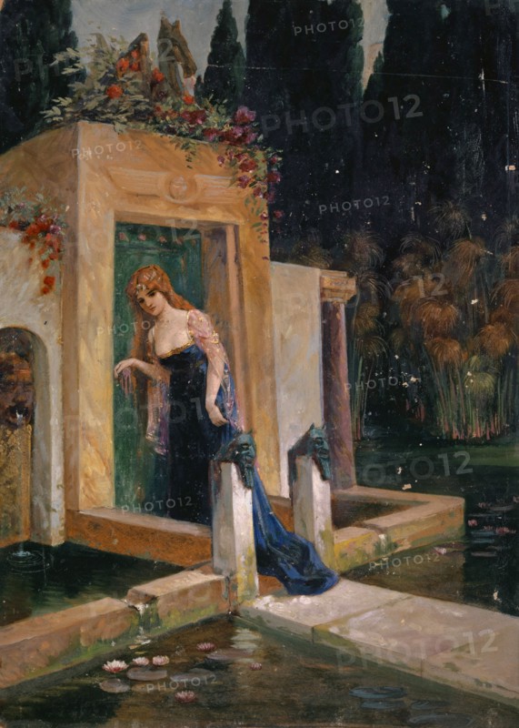 Viviane at the Merlins Grave, May 1904, oil on board, 45.5 x 32.5 cm, inscribed on the reverse with black paint: Viviane at the grave Merlin's (Ariost.), Bozzetto., My friend Ernst Schiess, to the memory, Heinrich Schmidt., Pittore, ., Syracuse in May 1904., Heinrich Schmidt
