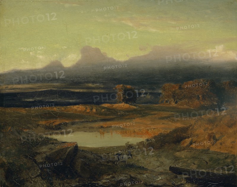 Landscape at sunset, 1849, oil on canvas, 21.4 x 27.1 cm, Inscribed on the reverse: 13 febr 1850. (by hand?), Arnold Böcklin, Basel 1827–1901 San Domenico