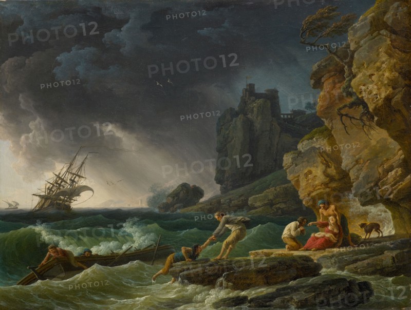 Stormy Sea with castaways, 1780, oil on canvas, 49.5 x 65 cm, signed and dated on the cliff below the savior in the middle: J. Vernet, f., 1780, Claude-Joseph Vernet, Avignon 1714–1789 Paris