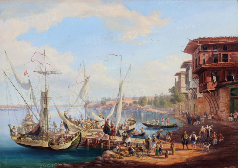 View of the Bosphorus, oil on board, 29.1 x 40.6 cm, signed lower right: J J Falkeisen fec.t [superscript], Johann Jakob Falkeisen, Basel 1804–1883 Basel