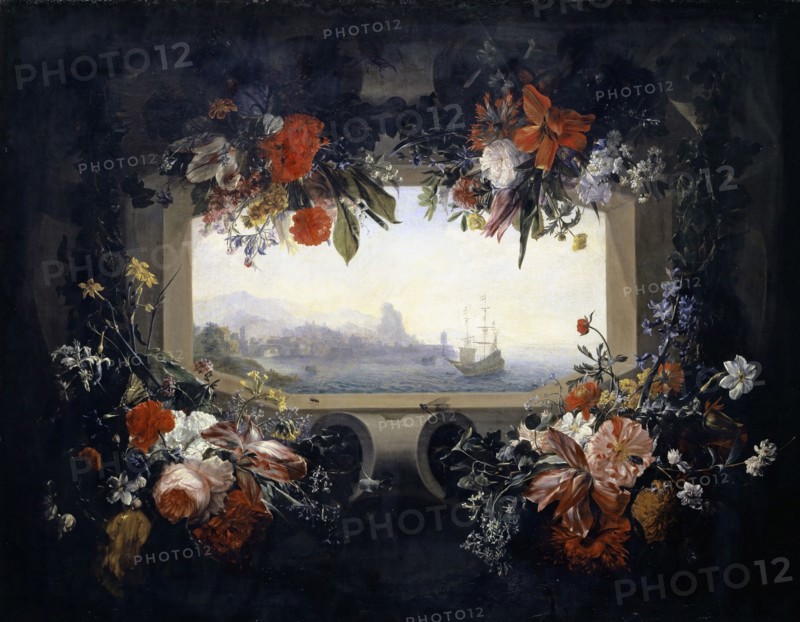 Flower still life: cartouche with garland, therein the Vedute of a port city, before 1713, oil on canvas, 76 x 86 cm, Signed at the garland at the bottom of the picture: J: Rudolphus Bys., Illustrissimi Domini Comitis felix Wrssowetz Thesauri, Johann Rudolf Bys, Chur 1662–1738 Würzburg