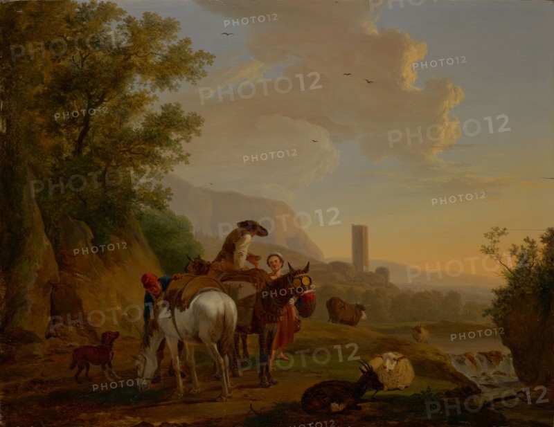 Southern landscape with shepherds, oil on panel, 47 x 59 cm, unmarked, Balthasar Paul Ommeganck, Antwerpen 1755–1828 Antwerpen