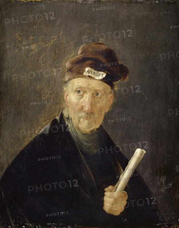 Tronie (Study Head): Philon of Alexandria, c. 1630/40, oil on oak wood, 28.5 x 22.5 cm, signed lower right: The wrong Bol signature is attached afterwards over a barely readable signature: Lesi (?)., On the cap of the old paper with inscription in Greek letters: Philos, Paulus Lesire, Dordrecht 1611– nach 1656 Dordrecht
