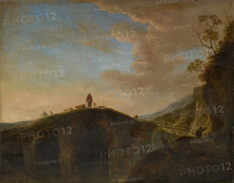 Old stone bridge, oil on oak wood, 42 x 53 cm, Signed in the lower left corner: P De bre ... [rest no longer legible], Peeter van Bredael, Antwerpen 1629–1719 Antwerpen