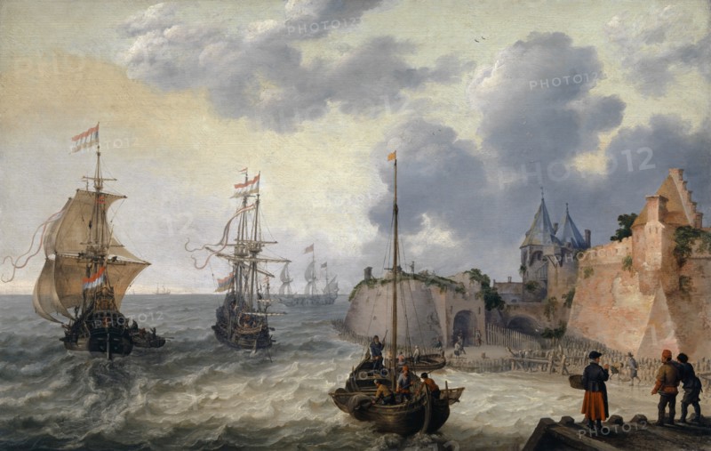 Dutch port with sailing ships, oil on oak, 54.5 x 85.5 cm, monogrammed lower right on wooden platform: A.W., f, ., Adam Willaerts, Antwerpen 1577–1664 Utrecht