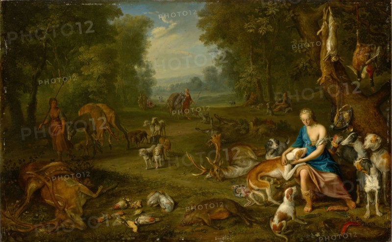 Landscape with Diana and her prey, oil on oak wood, 46.5 x 74 cm, unmarked, Hendrik van Balen d. Ä., (zugeschrieben / attributed to), Antwerpen 1575–1632 Antwerpen
