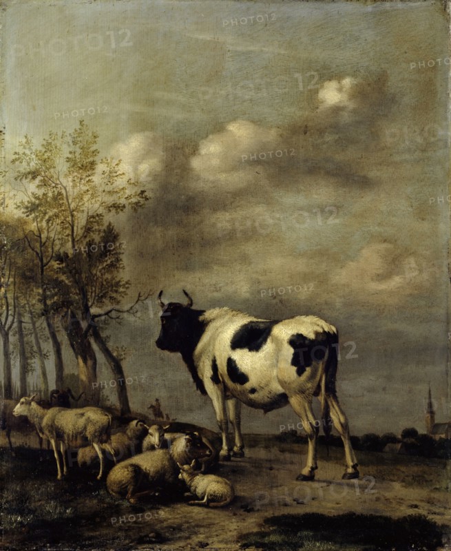 Pasture with black and white bull, 1663, oil on oak, 42.5 x 34.5 cm |, 42.5 x 34.5 x 0.8 cm, signed and dated lower left: A. Klomp 1663, Albert Jansz. Klomp, Amsterdam um 1618–1688 Amsterdam
