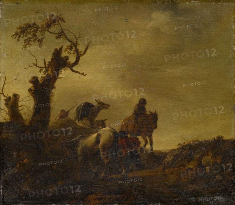 Horses and Donkeys in the Hollow Road, Oil on Oakwood, 28 x 32 cm, Unsigned, Philips Wouwerman, (Kopie nach / copy after), Haarlem 1619–1668 Haarlem