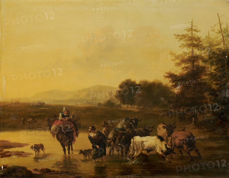 A herd of cattle passes through a river, after 1656, oil on panel, 37.6 x 47.9 cm, unsigned, Nicolaes (Claes Pietersz.) Berchem, (Kopie nach / copy after), Haarlem 1620–1683 Amsterdam