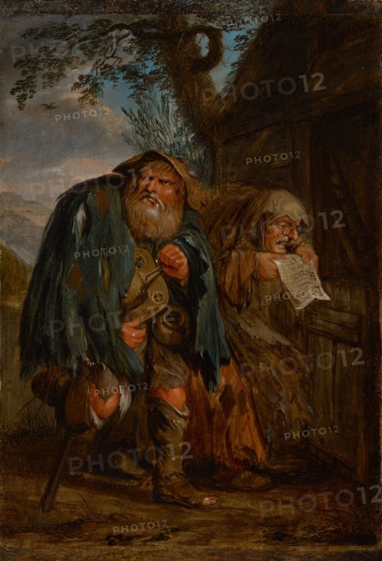 A pair of beggars, oil on oak wood, 45 x 31.5 cm, monogrammed lower right along the lower edge of the stable door: A v Ve, Adriaen Pietersz. van de Venne, Delft 1589–1662 Den Haag