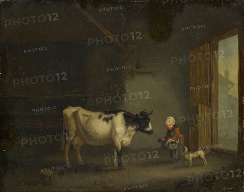 Girl with cow in a stable, 1788, oil on panel, 19 x 24 cm, signed and dated lower left: Senave 1788, Jacques Albert Senave, Loo 1758–1823 oder 1829 Paris