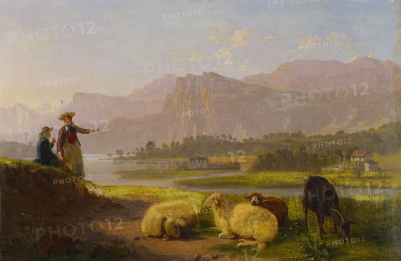 Lakeside near Lucerne with grazing cattle, oil on tinplate, 22 x 32 cm, monogrammed lower left: J: J: B:, Johann Jakob Biedermann, Winterthur 1763–1830 Aussersihl/Zürich