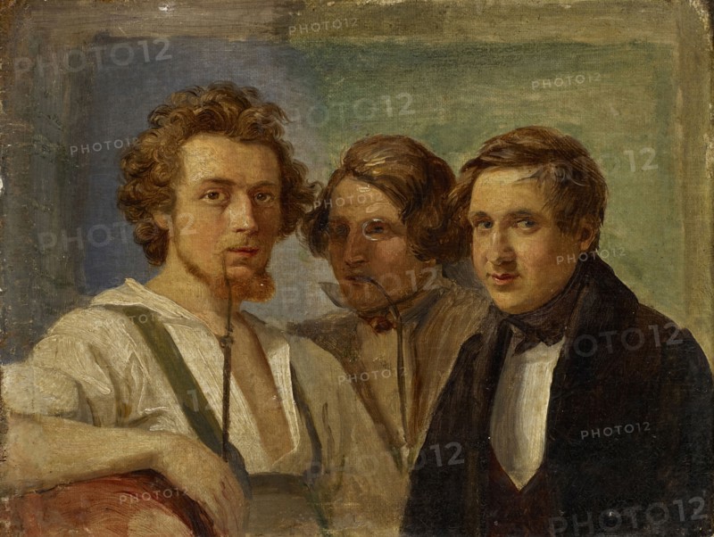 Selfportrait with friends (Marinemaler Weiss and Joseph Fay), c. 1834, oil on canvas on lime wood, 11.8 x 15.5 cm, signed and inscribed on the reverse: C. Engel fec, Düsseldorf (by the artist?), Carl Engel (gen. Engel von der Rabenau), Londorf/Oberhessen 1817–1870 Rödelheim b. Frankfurt a. M.