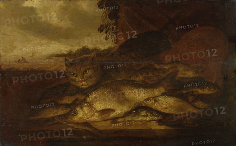 Still Life: Cat with fish, oil on oak wood, 53 x 83 cm, Monogrammed in the middle at the edge of the table: PD v T [P inscribed to D], Pieter de Putter, Middelburg oder Den Haag um 1600–1659 Beverwijck