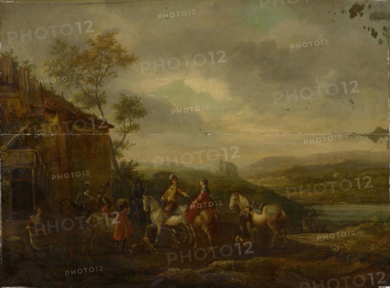 Rider in front of a tavern, oil on oak, 49 x 65 cm, Carel van Falens, Antwerpen 1683–1733 Paris