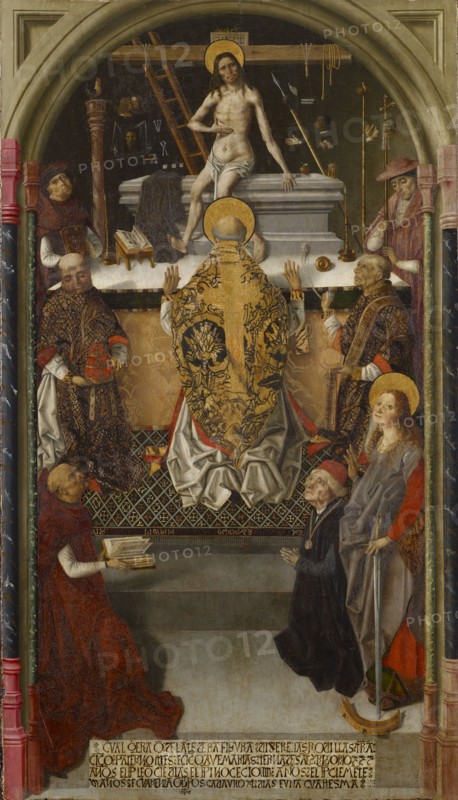 The Gregory Mass with a donor, c. 1480-1500, mixed technique on fir wood, 129.5 x 74.5 cm, unsigned., Lower indentation: CVAL QERA Q [E] DELA [N] TE DESTA FIGVRA DICHERE LAS RODILLAS I [NF] RA, CI [N] CO PATERNOSTRES E CI [N] CO AVEMARIAS TERNA DESAT [ARÁ] GRIGORIO XXX, AN [, N] OS EL P [A] P [A] LEO [N] CIE [N] DIAS EL P [A] P [A] INOCECIO [sic] IIII AN [N] OS EL P [A] P [A] CLEME, [N] TE, VI AN [N] OS E CVARENTA OB [IS] POS CADAVNO XL DIAS E VNA CVARESMA, Fernando Gallego, (?), Salamanca tätig 1468–1507 ?