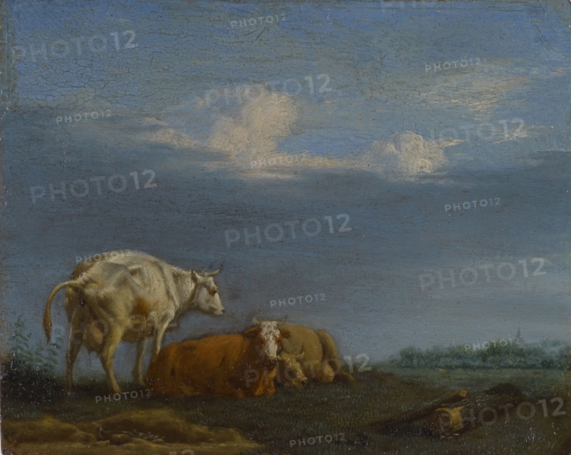 Cows in the pasture, oil on copper, 8.5 x 10.5 cm, monogrammed on the lying tree trunk right: A.V.V., Adriaen van de Velde, Amsterdam 1636–1672 Amsterdam
