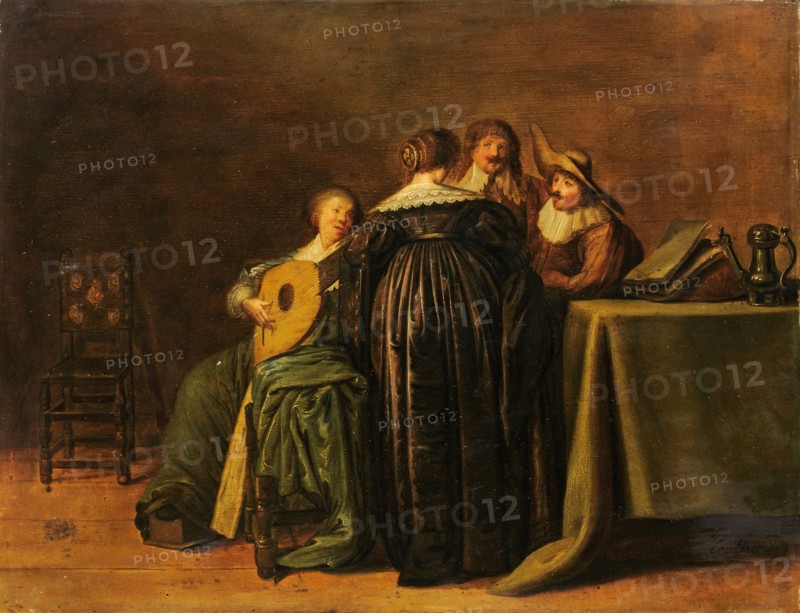 Elegant company with lute player, oil on oak wood, 32 x 41.5 cm, unsigned, Pieter Jacobsz. Codde, (zugeschrieben / attributed to), Amsterdam 1599–1678 Amsterdam