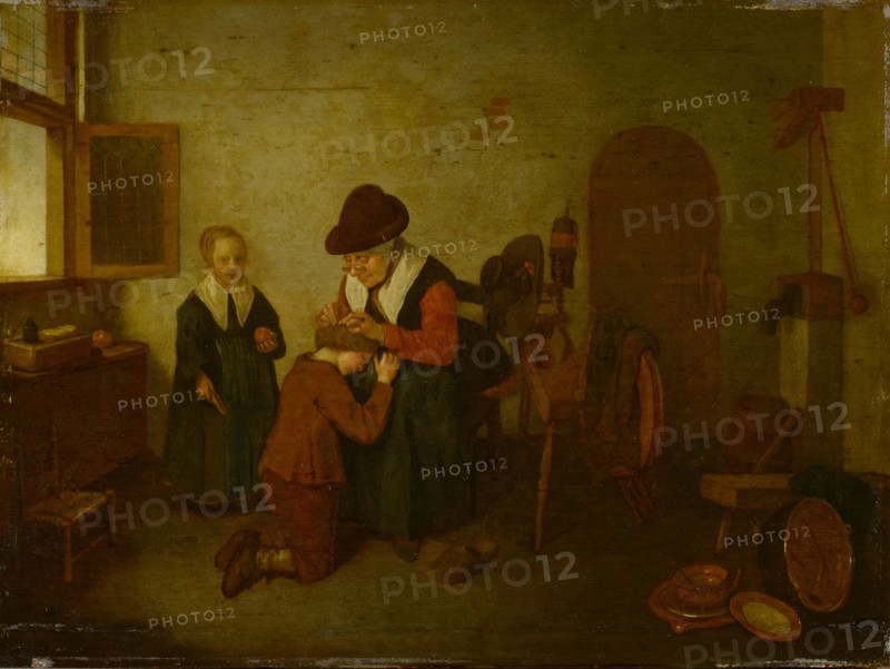 A woman deloused a boy, around 1650/55, oil on oak, 45.5 x 61 cm, left on the chest: QB, Quiringh Gerritsz. van Brekelenkam, Zwammerdam nach 1622 – um 1668 Leiden