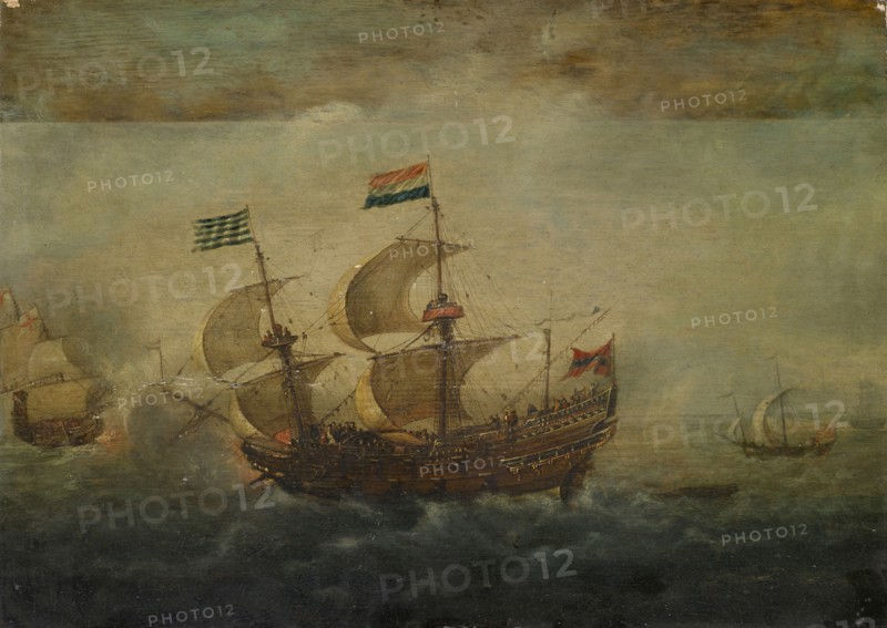 Naval Battle, 1621 (?), Oil on panel, 35.5 x 50.5 cm, signed on the underside of the ship [hard to read]: VLIG or VILE or WE [...], the Inv card says: VLIGER, Simon de Vlieger, (?), Rotterdam um 1600/01–1653 Weesp