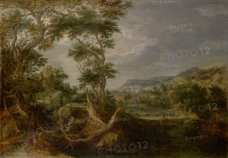 Swampy valley with hill castle and distant homesteads, 1611, oil on oak wood, 38 x 55 cm, signed and dated lower center: G.H., A 1611, Gillis Claesz. de Hondecoeter, Antwerpen oder Mechelen um 1575 (?)–1638 Amsterdam