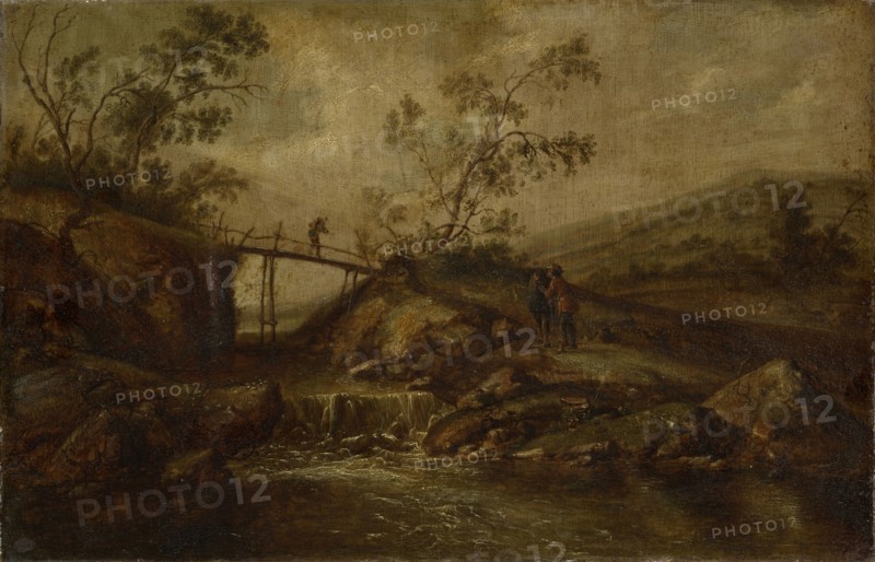 Landscape with waterfall, bridge and staffage, oil on oak wood, 33.5 x 51 cm, not marked, François van Knibbergen, Den Haag 1597– nach 1665 Niederlande