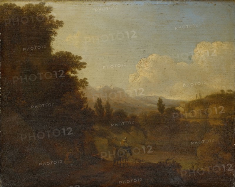 Landscape with staffage, oil on oak, 31 x 40 cm, Not specified, Pieter van Hattikh (Petrus van Hattich), (zugeschrieben / attributed to), Den Haag 1620–1665 Overschie