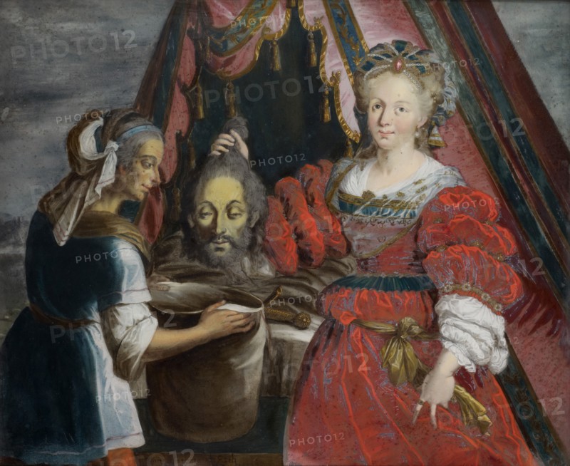 Judith with the head of Holofernes, 1744, reverse glass painting, 32.5 x 39 cm, signed and dated at the bottom of the picture: Anna Maria From Esch pinxit Surlaci in Helvetia 1744, Anna Barbara Abesch, Sursee/Luzern 1706–1773 Sursee/Luzern