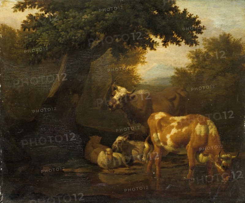 Cattle at the potions, oil on oak, 23.5 x 28.5 cm, Not marked, Dirck van Bergen, Haarlem 1645–nach 1690 Haarlem